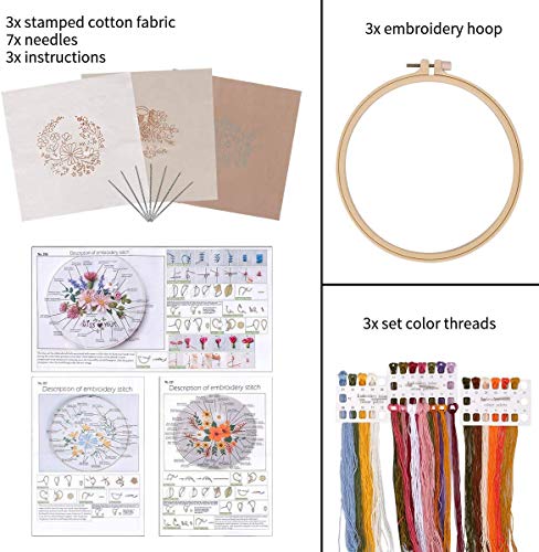 Chfine 3 Pack Embroidery Starter Kit with Pattern,Cross Stitch Kit for Adults Beginners, Including Embroidery Cloth with 3 Embroidery Hoops, Color Threads and Tools - Thumbnail 5