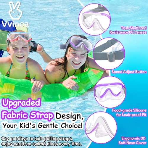 Vvinca Swim-Goggles with Nose Cover, 2 Packs Elastic Fabric Strap Snorkel Swim Mask Anti Fog UV No Pull Hair for Kids 3-14 - image 2