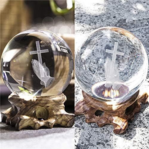 HDCRYSTALGIFTS 3D Cross Crystal Ball Paperweight Full Sphere Glass Fengshui with Woonden Base Praying Religious Gifts for Women Christian Home Decorations (60mm) - Image 4