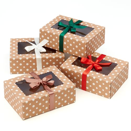 Brown Kraft Cookie Boxes with Ribbons & Window (20 Pack) 8.3 x 6 x 2.8 Food Grade Cardboard Bakery Gift Boxes for Christmas Gift Giving Baked Goods Candy Treats Decorative Holiday Packaging Empty