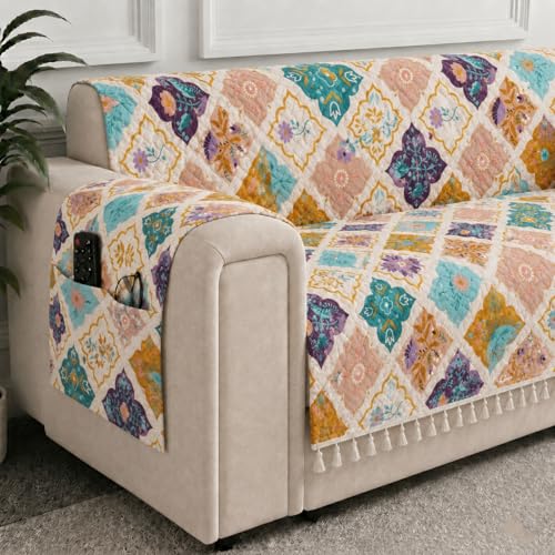 Image of STITCHNEST 'Frostvine Collection' 3 Seater Sofa Cover | Full Coverage with Armrest Pockets | Cotton Quilted Fabric, Decorative Tassels, Washable & Durable for Modern Living