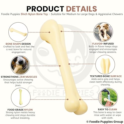 Image of Foodie Puppies Dog Nylon Hard Chew 9inch Bone Toy for Adult Dogs, Dogs Toy, Aggressive Chewers Teething Toys, Suitable for Large and Medium Dog (1 Piece) (9inch Bone)