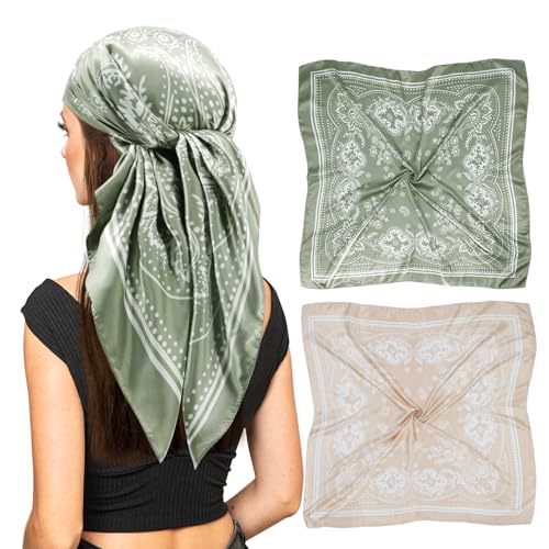 vimate Seidentuch Haare-Damen Grün Kamel Paisley Satin Schal Strand Kopftuch Hals Schals Leichtgewicht Handtasche Zubehör (2 Pack-D)