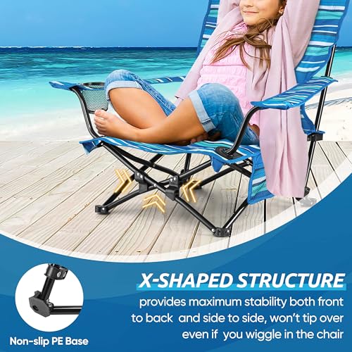 Image of HaSteeL Folding Beach Chair Set of 2, Foldable Striped Camping Chairs for Outside, Low Beach Chair Portable for Adults Fishing, Picnic, Outdoor BBQ, Travel, Sports, Cup Holder & Storage Bag