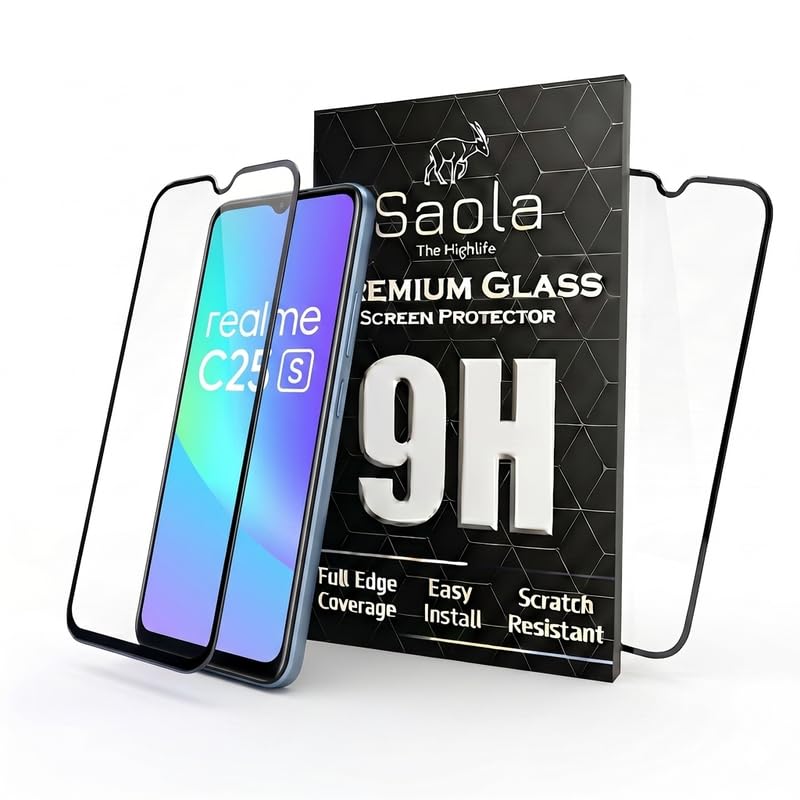 Image of Saola HD+ Oleophobic Tempered Glass Screen Protector For Realme C25S (Pack Of 2) with Free Installation Kit. Full screen Coverage - 6.5 inch