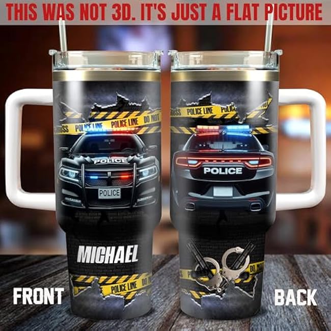 WAZONE Personalized Police Car Tumbler With Lid Custom Name Insulated Travel Mug Tumbler 40oz with Handle and Straw Gifts For Retirement Officers Retired Officer Men Women On Birthday