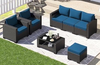 LOUVIXA 7 Piece Outdoor Patio Furniture Set, Rattan Chairs Glass Table Wicker Conversation Seating Sectional Sofa with Cushions Colorful (B-Coffee-Peacock Blue, B-7 Pieces-Tilted Back)
