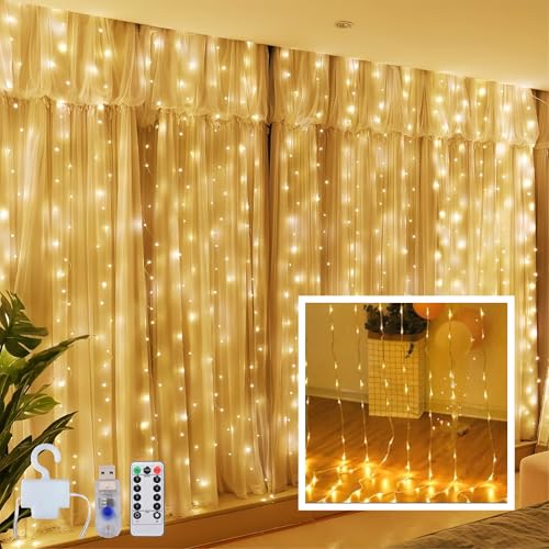 Clearhill 3 * 3Curtain String Lights 300LED Warm 8 Modes Soft wire Curtain Lights with Remote & Timer USB Operated Waterproof for Indoor/Outdoor DecorationsBedroomWeddingParty