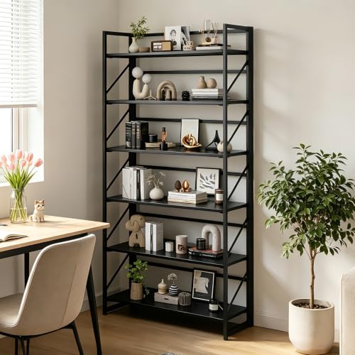 Image of JSB 6 Tier No Assembly Folding Bookshelf, 30.7 inch Wide Foldable Storage Bookcase for Home Office, Space-Saving Storage Shelf for Living Room (Black)