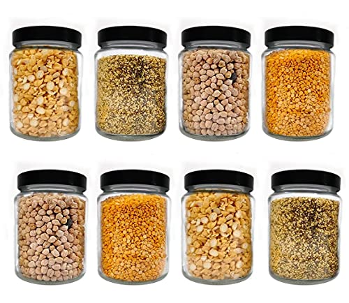 Image of Piraml Glass Transparent Jars & Containers for Kitchen Pantry, Snacks, Masala, Pickles, Dry Fruits, Coffee Beans Storage with Black Color Double Layer Metal Pop Lid (Set Of 4) (770ml Round Black Cap)