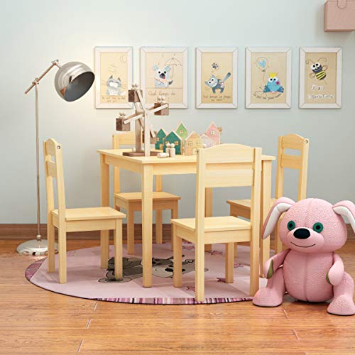 Image of Nightcore Kids Wooden Table and 4 Chair Set, Activity Table Chair Set for 2 to 6 Years, Toddler Game, Playroom Furniture, Picnic Table w /Chairs, Solid Wood 5 Piece Dining Table Set (Natural)