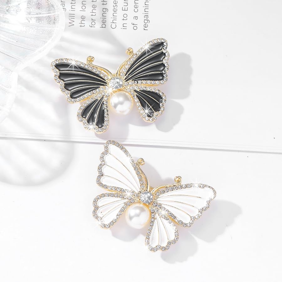 Image of Butterfly Crystal Rhinestone Brooch Pin for Women Colorful Glitter Pearl Bead Lapel Pins Hats Clothes Dress Accessories Jewelry
