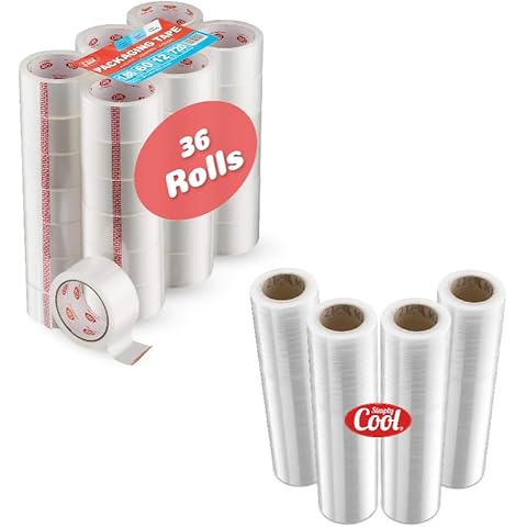 Simply Cool Packing Tape 36 Pack of 60 Yards and 4 Pack Stretch Wrap 17.5" 1100 Sq Ft Cover