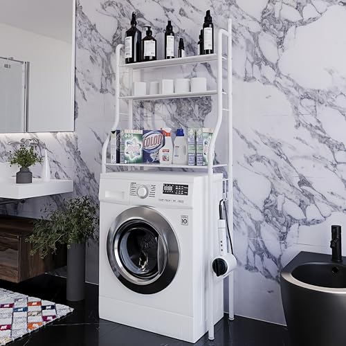 Scaffale Bagno 3 Mensole Ripiano Superiore Mobile Sopra Lavatrice Lavanderia Salvaspazio Ripiani Per Appoggio Organizer Da Parete Per Detersivi Sapone Bagno In Metallo 152 x 65 x 25 Cm Bianco