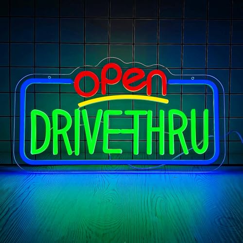 Drive Thru Open Neon Signs for Wall Decor LED Drive Thru Sign for Business for Fast Food, Electric...
