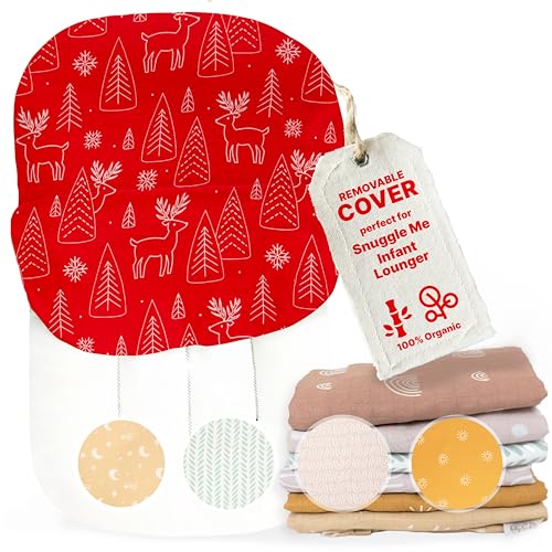 Christmas Snuggle Me Lounger Cover - Bamboo from Viscose and Muslin Organic Cotton Blend - Removable Newborn Pillow Cover with Envelope Closure - Soft and Durable - Machine Washable (Reindeer)