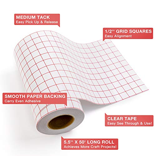 Image of HTVRONT Transfer Tape for Vinyl, 5.5 inch x 50 FT, Red Alignment Grid