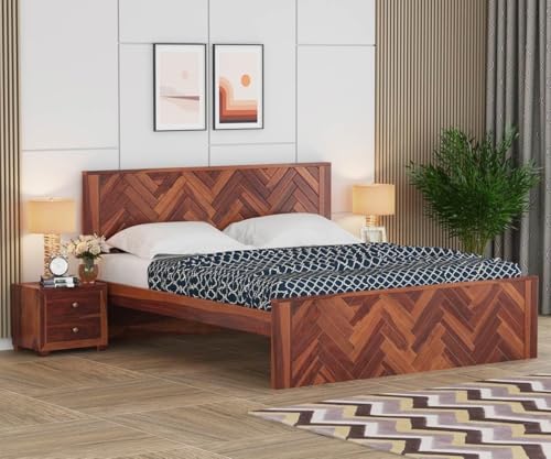 Image of Sheesham Wood Queen Size Bed Without Storage | Wooden Bed Queen Size Double Cot Palang Bed for Bedroom | Zigzag Design Headboard Bed for Living Room | Honey Finish