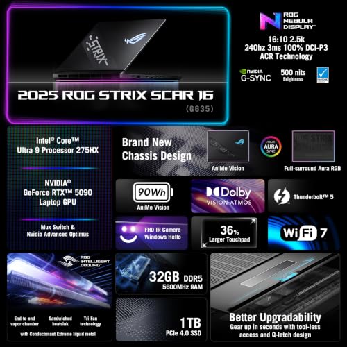 Image of ASUS ROG Strix Scar 16 (2025) Gaming Laptop, 16 inch ROG Nebula HDR 16:10 2.5K 240Hz /3ms, NVIDIA GeForce RTX 5090, Intel Core Ultra 9 Processor 275HX, 32GB DDR5, 1TB SSD, Wi-Fi 7, Win11 Home, G635LX-DS96