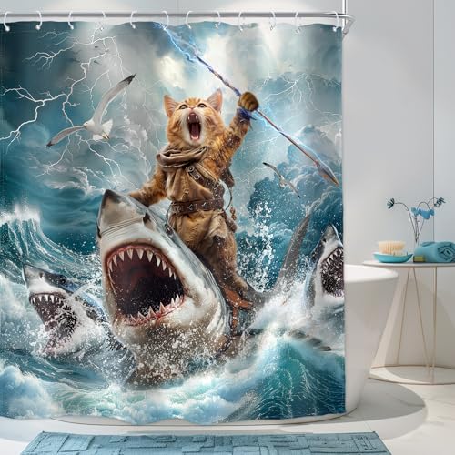 Image of Funny Cat Riding Shark Shower Curtain Ocean Waves 72Wx72H Inch Decor