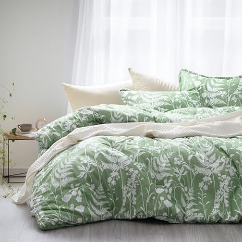 David's Home Cozy Comforter Set Queen, Bed in a Bag Bedding Set 3 Pieces for All Seasons, Soft Comfy Skin Friendly, Botanical Flowers Comforter with 2 Pillow Shams, 90"x90", Green & White Cover