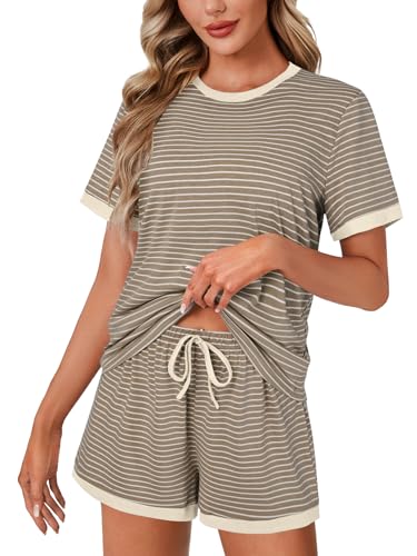 Image of LYANER Pajama Set for Women 2 Piece Lounge Set Striped Crew neck Short Sleeve Tops and Shorts Soft Sleepwear
