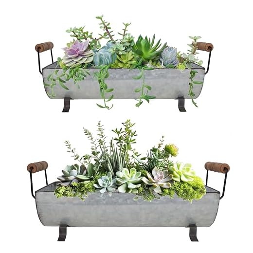ShabbyDecor Galvanized Metal Trough Succulent Planter Farmhouse Metal Tray Rustic Tabletop Centerpiece Décor Set of 2