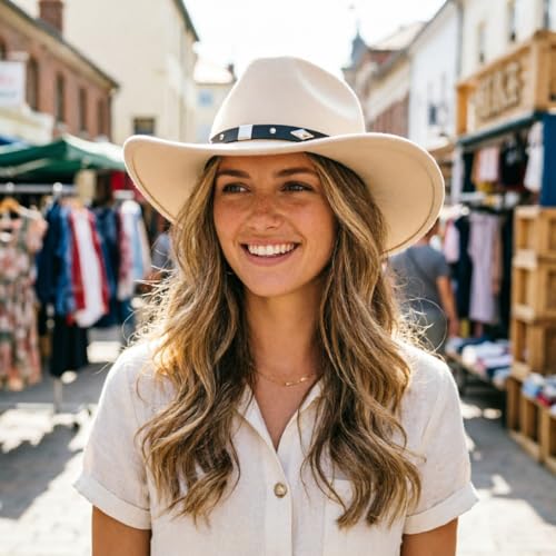 Image of DRESHOW Cowboy Hat for Women and Men Western Felt Cowboy Cowgirl Hat Wide Brim Belt Buckle Retro Fedora Hats Unisex Caps