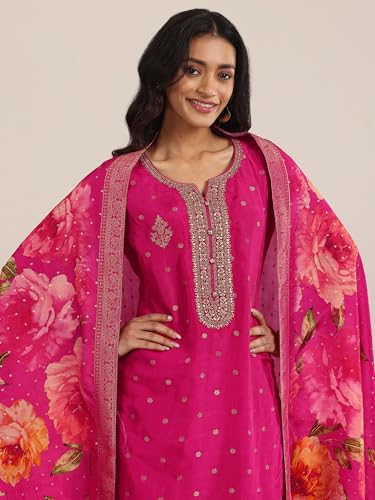 Image of Libas Woven Design Silk Blend Straight Kurta With Trouser and Dupatta