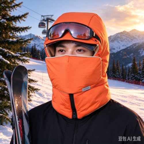 Windproof Fleece Lined Balaclava Hat with Brim Adjustable for Commuting | Packable Stretchy Fabric for Simple Travel Packing, Adjustable ski mask with Goggles Protects face During Trail Hiking Orange - image 2