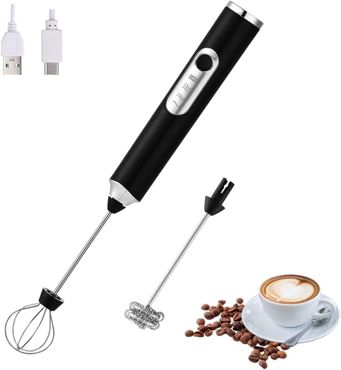 FIOUSY Handheld Electric Milk Frother with 2 Heads, Coffee Whisk Foam Mixer with USB Rechargeable 3 Speeds, Foam Maker Blender for Latte, Cappuccino, Hot Chocolate, Egg (Black)