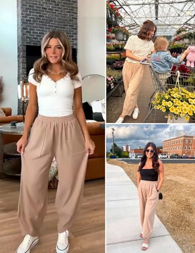 Image of Xiaoxuemeng Womens Baggy Wide Leg Pants Casual Elastic Waisted Palazzo Harem Pants with Pockets