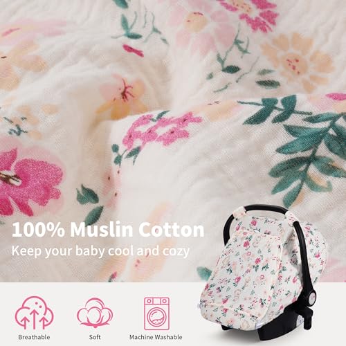 Image of Rquite Car Seat Cover Baby, Carseat Covers Girl Boy, Breathable Muslin Cotton, Large Mesh Window, Infant Car Seat Canopy Baby Carrier Cover Stroller Sun Shade for Summer & Hot Day