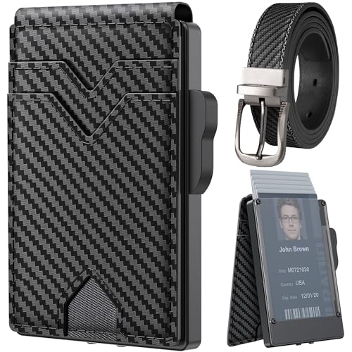 BIIGELL Wallet for Men Card Holder- Pop Up Aluminum Case, Carbon Fiber Leather RFID Blocking ID Window Cash Slot Minimalist Wallet with Gift Box (Carbon Fiber)