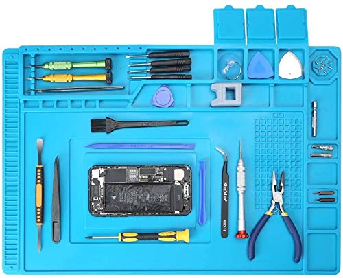 Image of Breewell Heat Insulation Silicone Repair Magnetic Large Soldering Mat - Heat Resistant 500�C Electronics Workbench for Soldering Iron, Phone and Computer Repair (17.7'' x 11.8'', Blue)