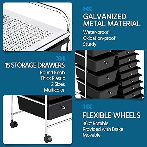 Yaheetech Storage Trolley Cart On Lockable Wheels | Black 15 Drawers Storage Unit For Salon, Beauty, Make Up, Home, Office Organiser (15 Drawers, Black)