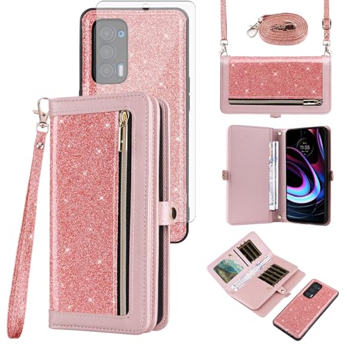 Asuwish Phone Case for Motorola Moto Edge 2021/MotoEdge 5G UW 2021 Zipper Wallet Detachable Cell Cover with Tempered Glass Screen Protector Strap Bling Glitter Flip Card Holder XT2141-1 Women Pink