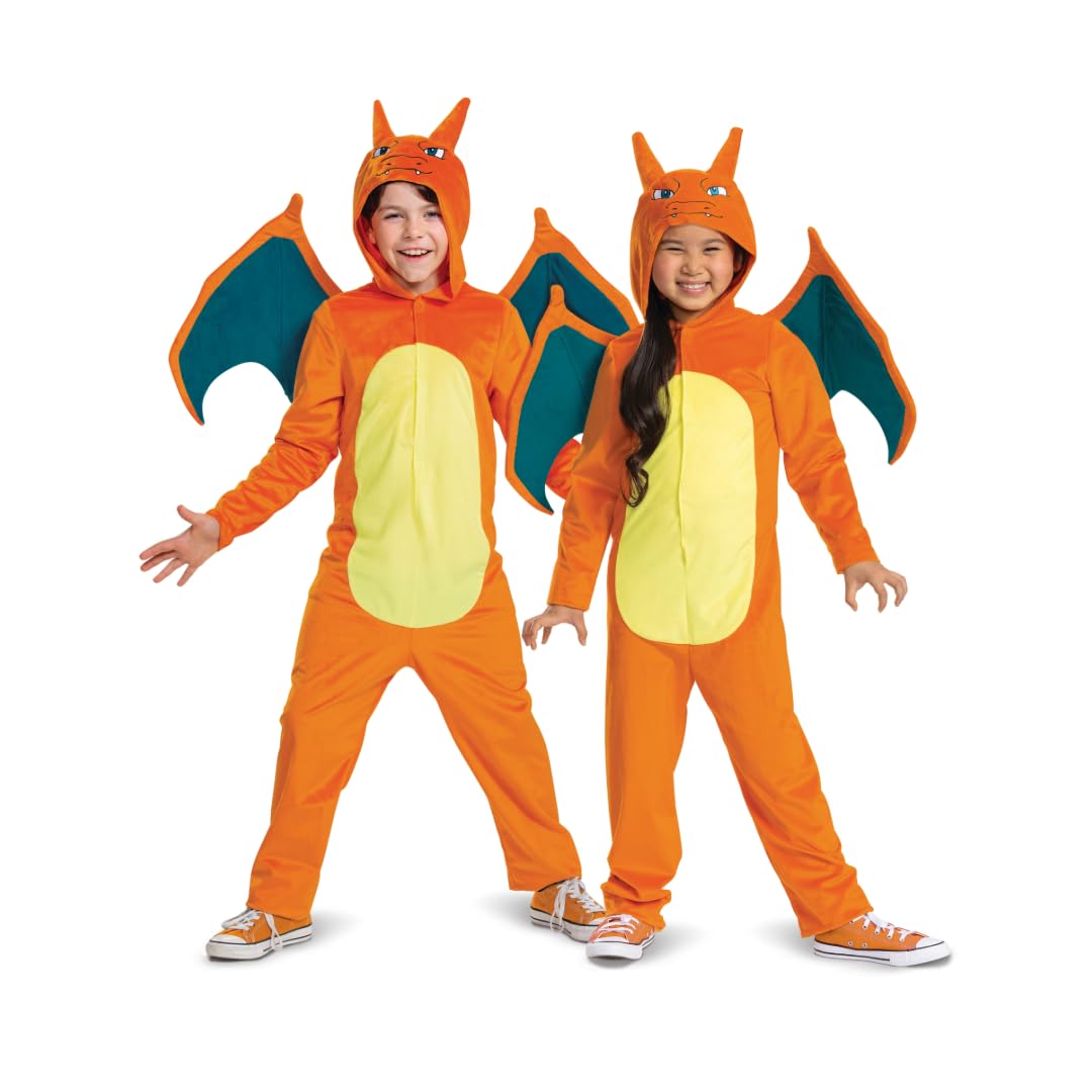 DISGUISE Costume da Charizard Pokémon per bambini, con licenza ufficiale, con ali staccabili e cappuccio dimensionale, tessuto morbido, per bambini dai 4 ai 6 anni, 7-8 anni, 10-12 anni