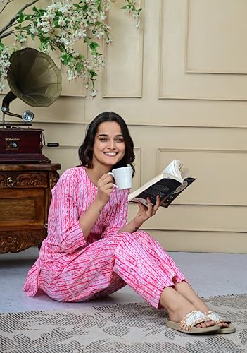 Image of Amazon Brand - Tavasya Women Cotton- Rayon Printed Kurti with Pant Co-Ord Set | Soft Comfortable Straight Fit Ethnic Kurta Set | 3 /4 Sleeves V-Neck Daily, Office & Casual Wear