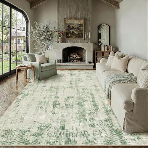 PureCozy Grün Teppich Wohnzimmer 120x170cm Waschbar Kurzflor | Waschbar Boho Teppich,Rutschfest, Weich, Kurzflorig, für Wohnzimmerteppich,Schlafzimmer,Esszimmer,Büro,Kinderzimmer