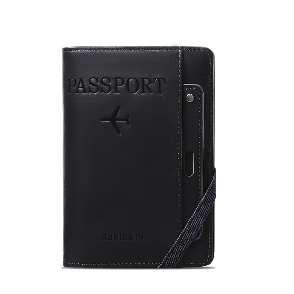 Funda de piel sintética para pasaporte de negocios con RFID para mujeres y hombres, multifunción, para tarjetas bancarias, accesorios de viaje, Black, Talla única