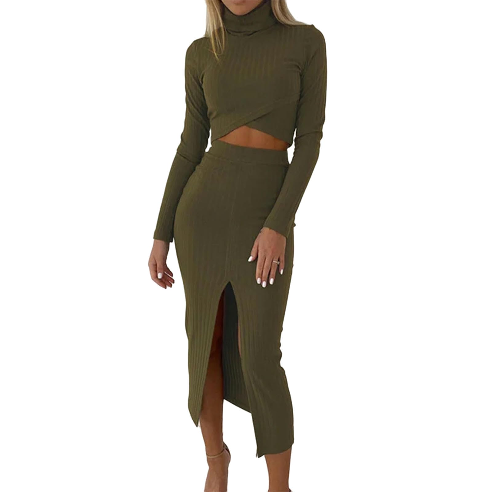 MdybF Jupe Longue Femme Hiver Femmes Skinny Col Roulé Jupe Midi Ensemble Ombilical Tops Side Sous - Traitance Hanches