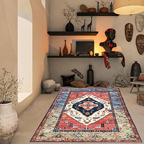 Amzali Washable Vintage Area Rug - 3X5 Boho Chic Distressed Non-Slip Rug Faux Wool Medallion Non-Shedding Hallway Floor Carpet Doormat For Living Room Dining Room Bedroom Laundry Home Decor #TOP30