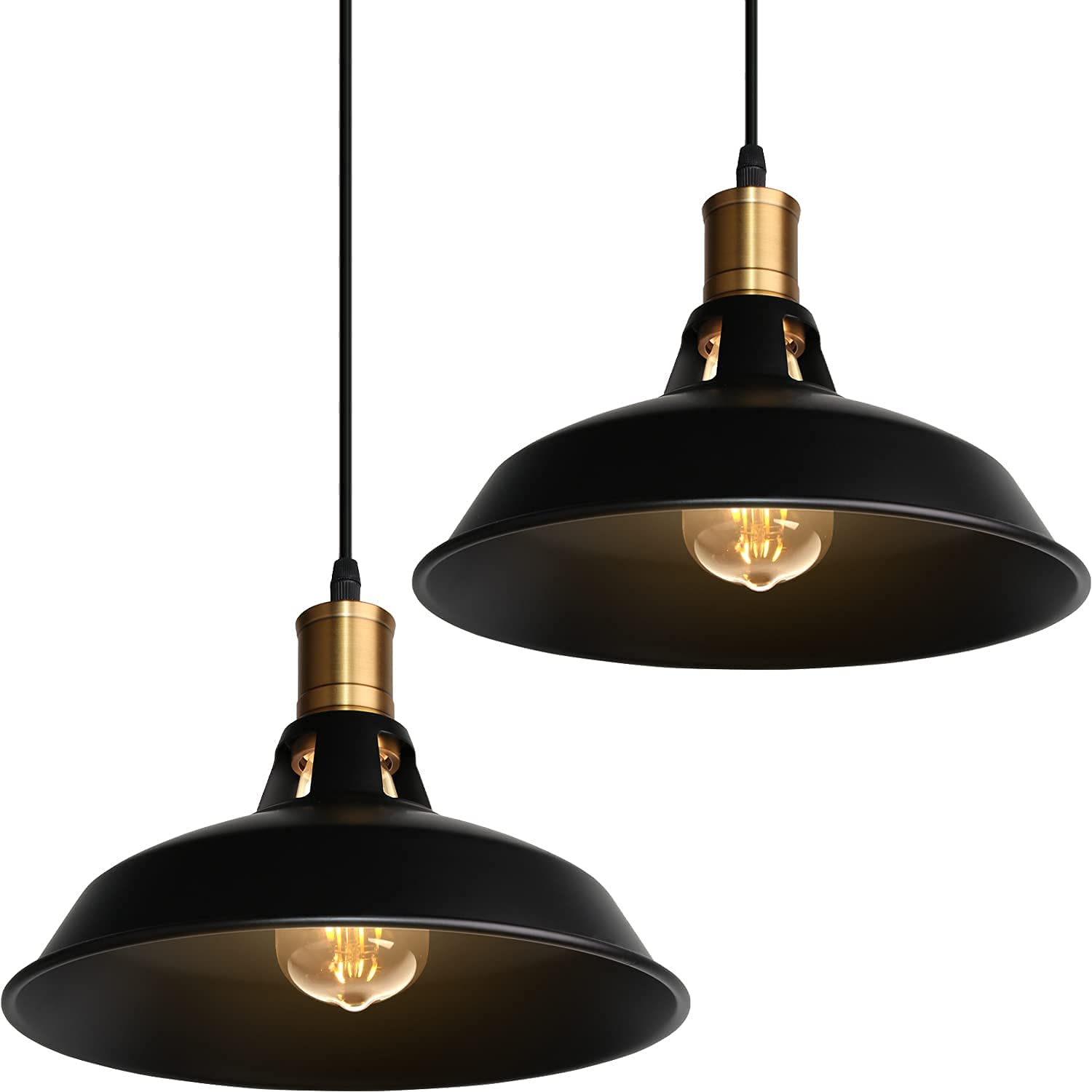 Suspension Lustre Industrielle Vintage Luminaire Plafonnier E27 Salon Abat-jour Plafond en Métal Rétro Style Nordique Design Câble Réglable (Noir, 2pcs)