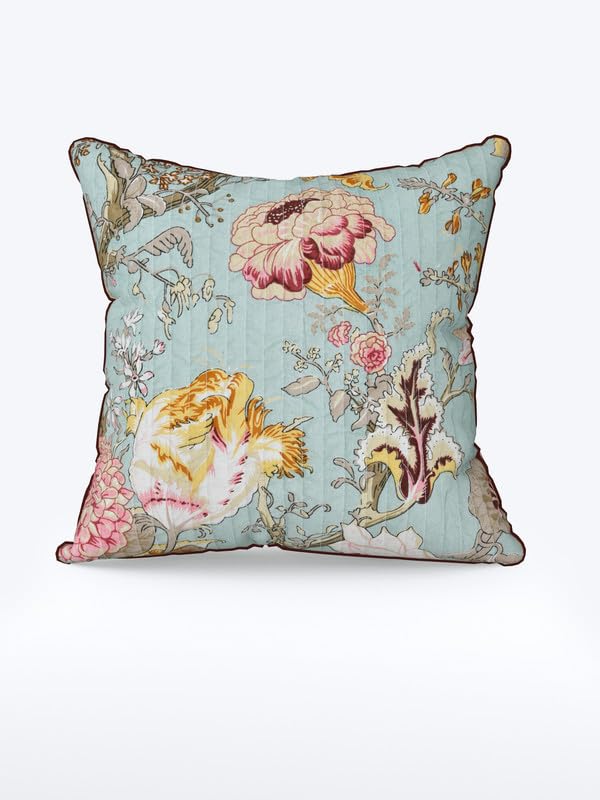 Image of Pure Cotton Quilted Cushion Cover 16x16 Inch | Anokhi Print Decorative Throw Pillow Cover | Soft Cotton Sofa Cushion Cover with Hidden Zipper | Living Room Bedroom Home Decor
