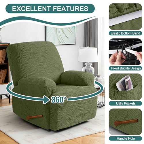 Image of Ruaozz Recliner Chair Covers 4-Pieces Oversized Recliner Slipcovers Extra Large Stretch Reclining Chair Slipcover Washable Furniture Protector with Elastic Bottom (1 Seater-X Large, Army Green)