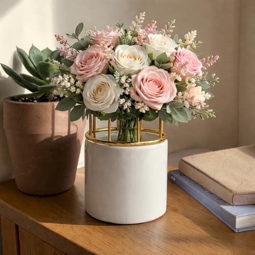 Image of Art Street Ceramic Vase with Gold Metal Finish | White Flower Pot for Home | Living Room, Bedroom and Office Decor | Vase for Gift | Size (7x3 Inch)