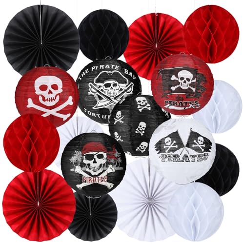 Image of Baquler 18 Pcs Pirate Theme Party Decoration Pirate Skull Hanging Paper Lantern Fans Black Red Honeycomb Ball for Nautical Birthday Party Ornament Ceiling Decor Supplies