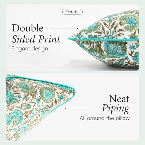 CPC Aqua Green Floral Printed Throw Square Cushion Covers - 24x24 Inch 100% Cotton Washable Decorative Couch Pillows Covers for Living Room Bed Sofa and Outdoors Spring, Easter, Valentines Gift
