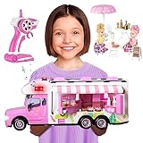 Carox Remote Control Car for Girls Food Truck Toy Playset,Pink Remote Control Food Truck with Food Set, Dolls and Tableware Set,Best Gift for 4-9 Years Old Girls, Birthday, OX15